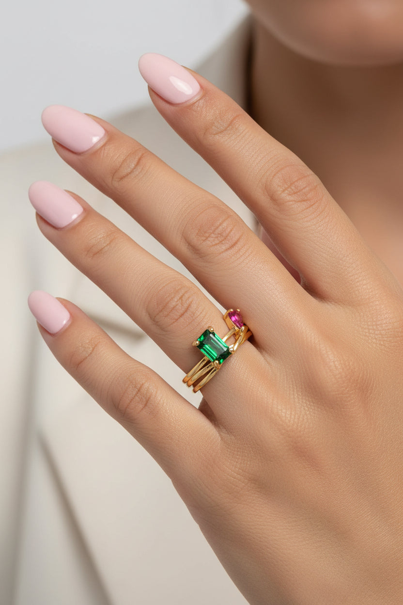 Anillo Piedras Verde y Magenta - Ajustable
