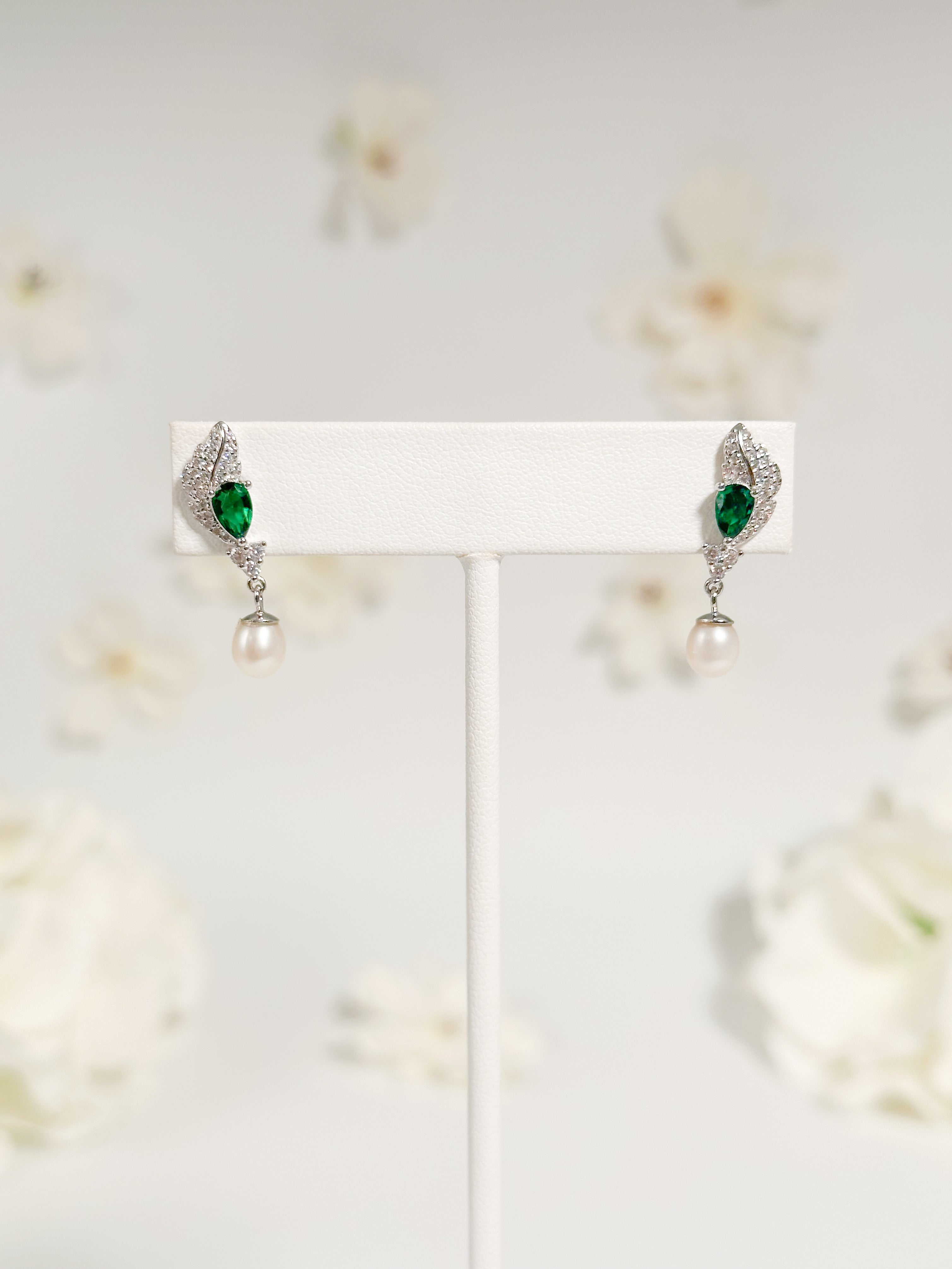 Aretes Hoja Gota Verde de Plata