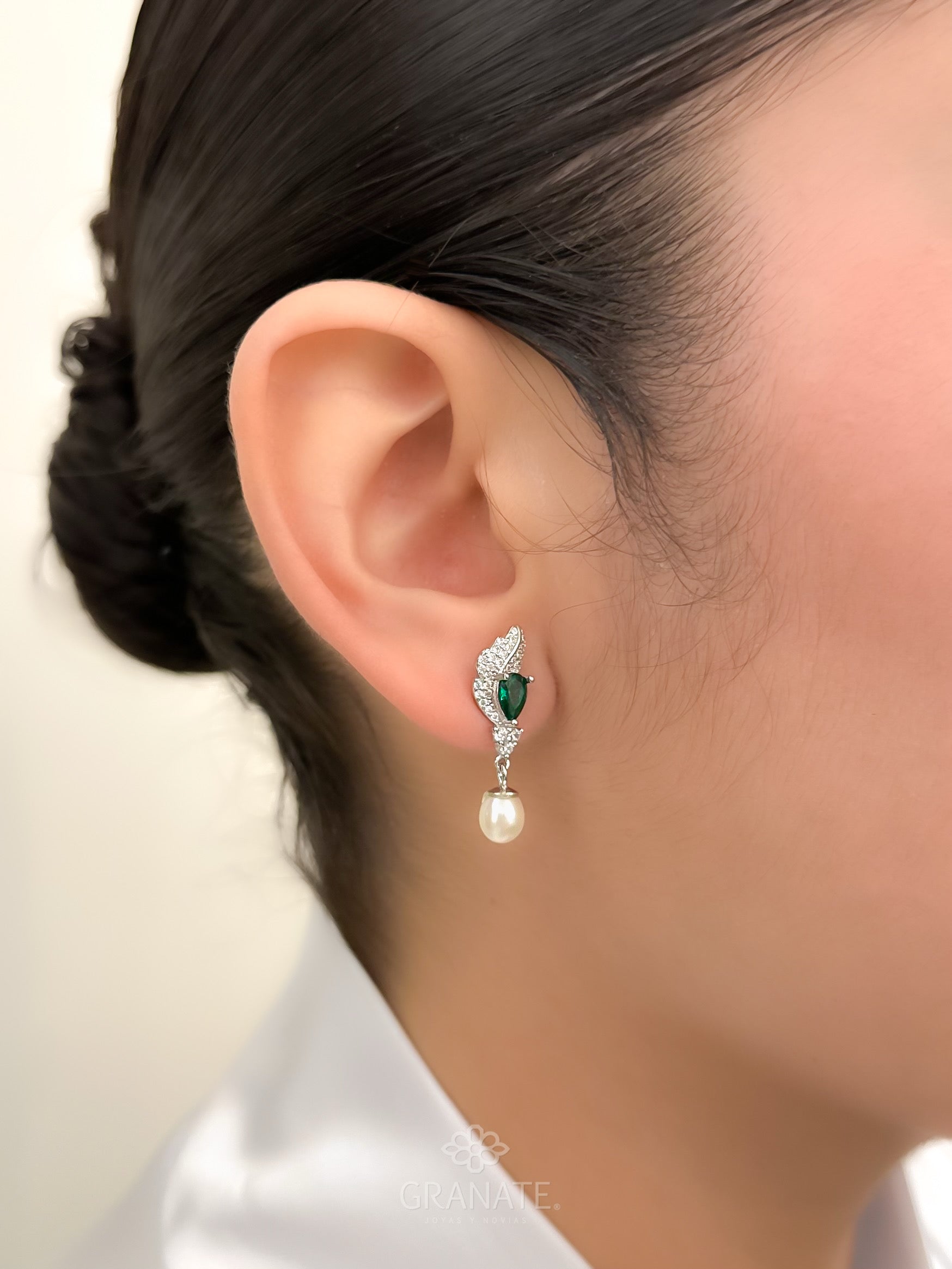 Aretes Hoja Gota Verde de Plata