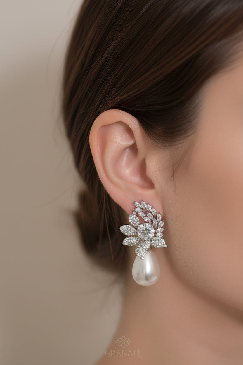 Aretes Flor Perla Gota
