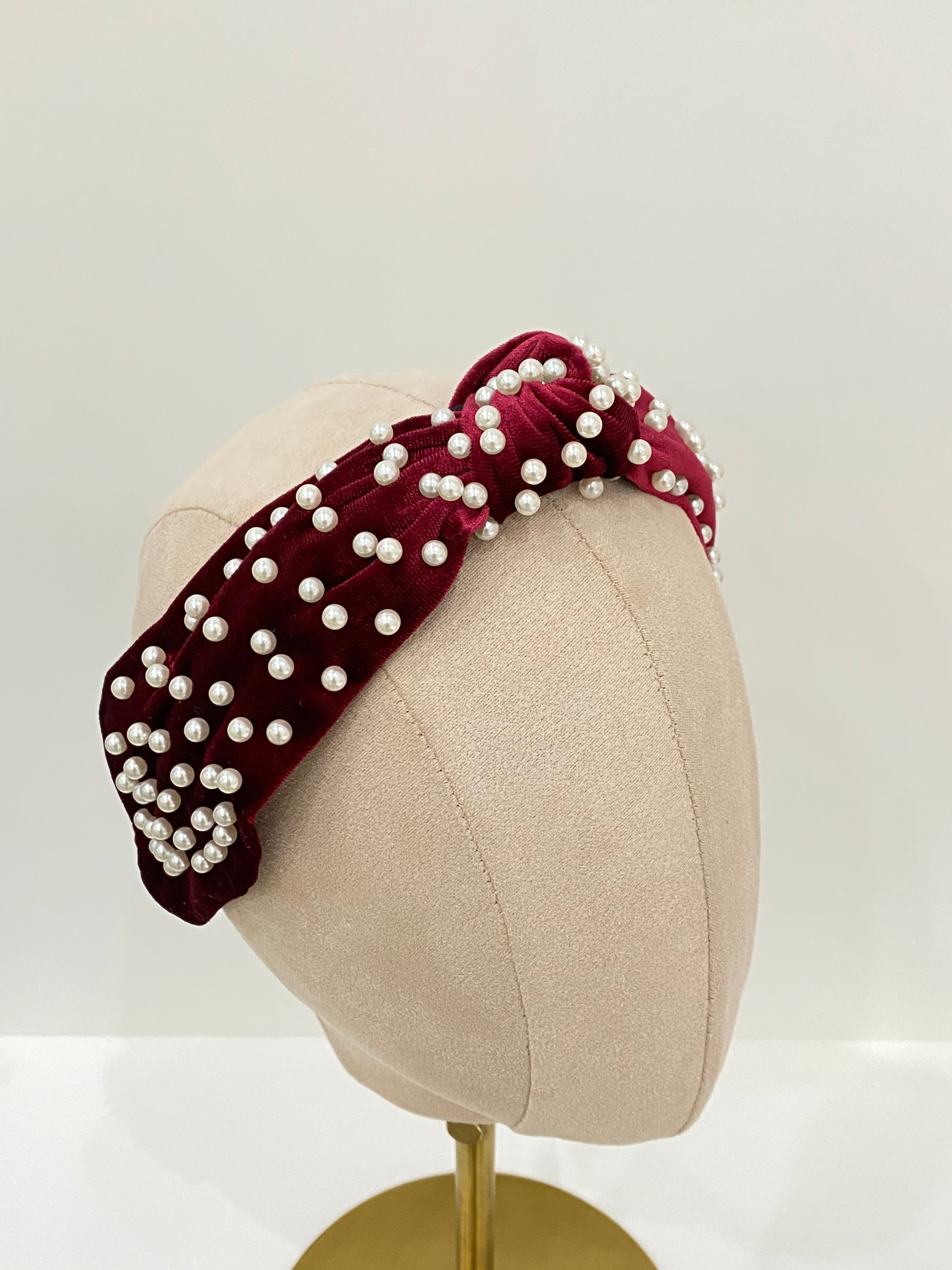 Diadema Terciopelo Perlas Vino