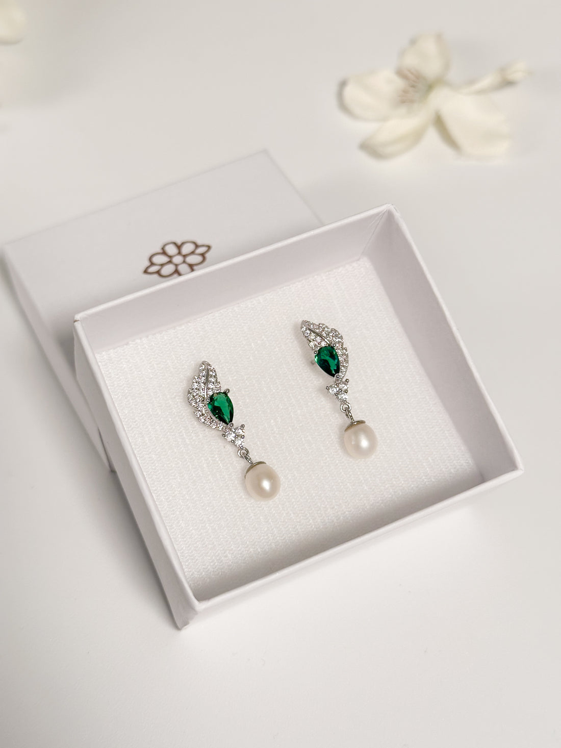 Aretes Hoja Gota Verde de Plata