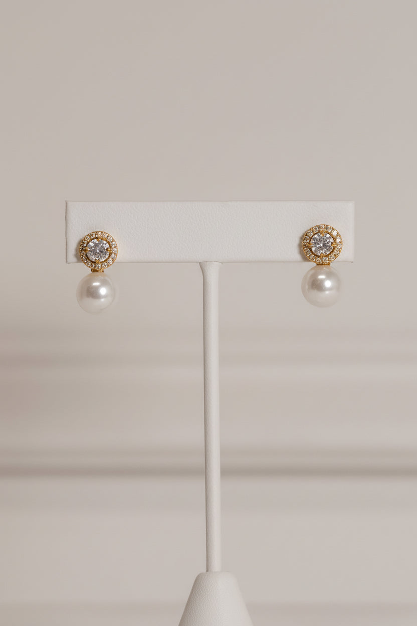 Aretes Solitario Perla - Dorado