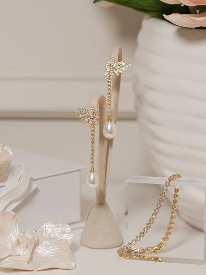 Aretes Largos Hojitas y Perla Gota - Dorado