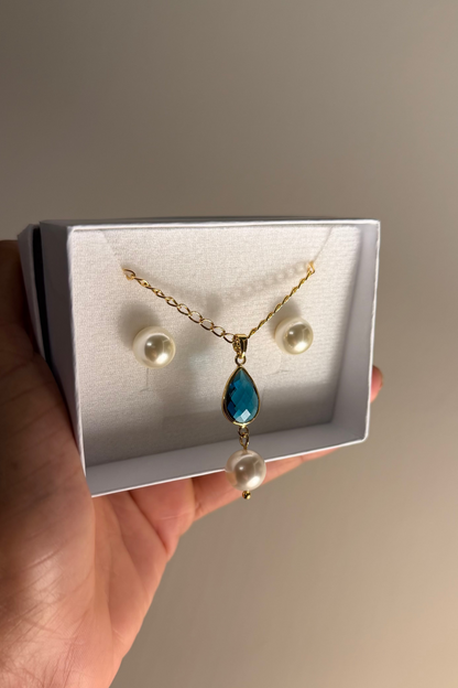 Juego Gota Azul y Perla Swarovski